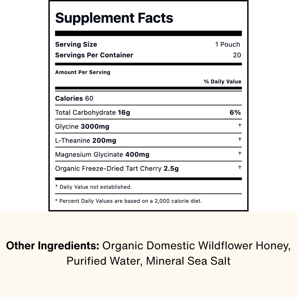 Hibernation Honey supplement facts label showing glycine, magnesium glycinate, L-theanine, tart cherry, raw wildflower honey